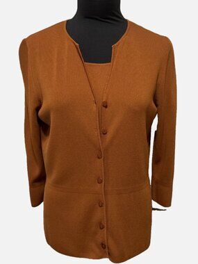 August Silk Rust Burnt Orange Sweater Set Cardigan Shell Knit Women Size XL